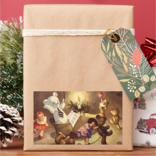 Vintage Christmas Toys, Dancing Dolls, Teddy Bears Rectangular Sticker