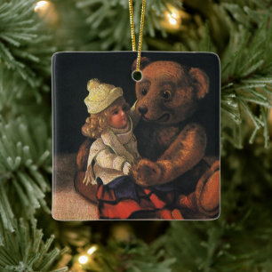 Vintage Christmas Toys, Doll and a Teddy Bear Ceramic Ornament