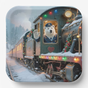 Vintage Christmas Train With Waving Polar Bear Paper Plate