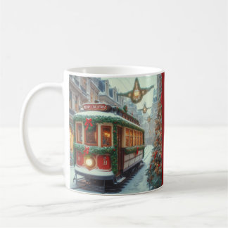 Vintage Christmas Tram in Snowy Town Coffee Mug