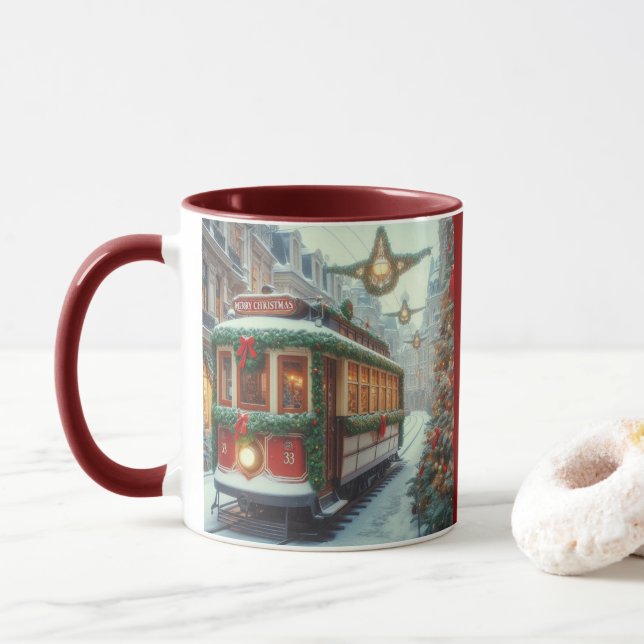 Vintage Christmas Tram in Snowy Town Mug (With Donut)