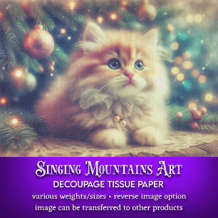 Vintage Christmas Tree and Cute Kitten Decoupage Tissue Paper