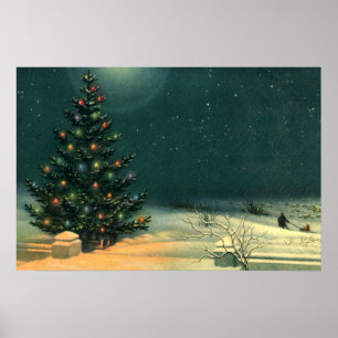 Vintage Christmas Tree at Night with Lights Poster