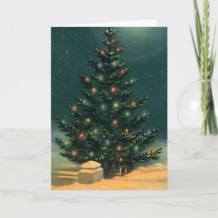 Vintage Christmas Tree at Night with Lights & Snow Holiday Card