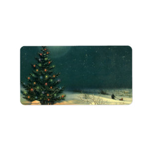 Vintage Christmas Tree at Night with Lights & Snow Label