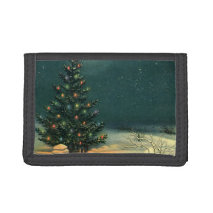 Vintage Christmas Tree at Night with Lights Trifold Wallet