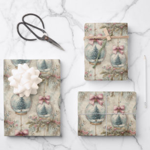 Vintage Christmas Tree & Bauble Watercolor  Wrapping Paper Sheet