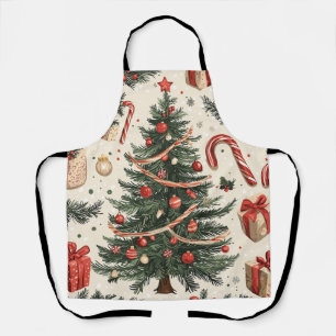 Vintage Christmas Tree Cream Red Green Toile Apron