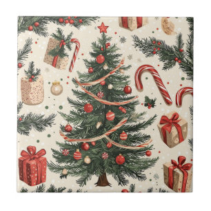 Vintage Christmas Tree Cream Red Green Toile Ceramic Tile