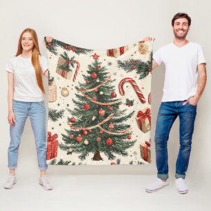 Vintage Christmas Tree Cream Red Green Toile Fleece Blanket