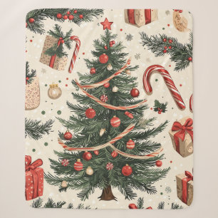 Vintage Christmas Tree Cream Red Green Toile Sherpa Blanket