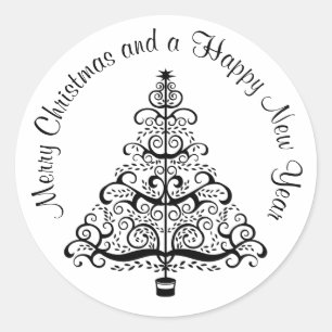 Vintage Christmas Tree Decorative Victorian Scroll Classic Round Sticker