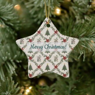 Vintage Christmas Tree Floral Garland Red Green Ceramic Ornament