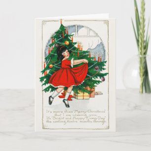 Vintage Christmas Tree, Girl and Gifts Holiday