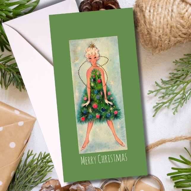Vintage Christmas Tree Girl Holiday Card (Creator Uploaded)