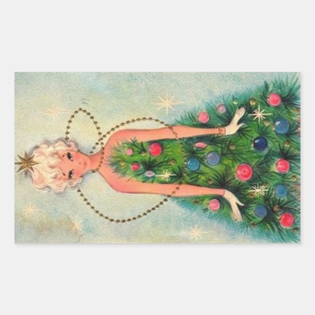 Vintage Christmas Tree Girl Rectangular Sticker (Front)
