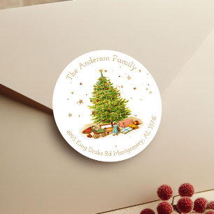 Vintage Christmas Tree Gold Return Address Classic Round Sticker