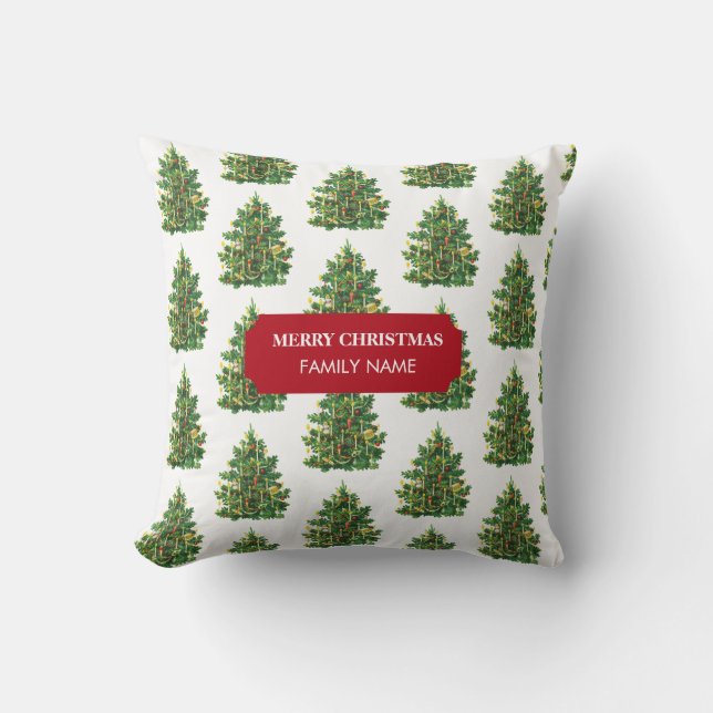 Vintage Christmas Tree Holiday Custom Name  Cushion (Front)