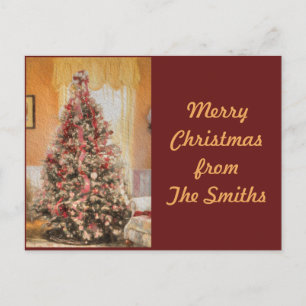 Vintage Christmas Tree in Classic Crimson Red Trim Holiday Postcard