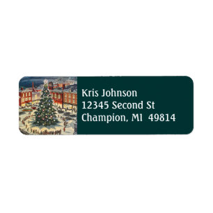Vintage Christmas Tree Lighting Village Town Label Return Address Label