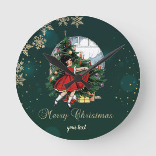 Vintage Christmas Tree,Little Girl Snowflakes Round Clock
