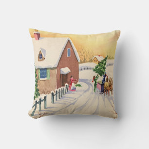 Vintage Christmas Tree on a Snowy Winter Road Cushion
