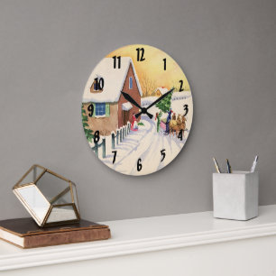 Vintage Christmas Tree on a Snowy Winter Road Large Clock