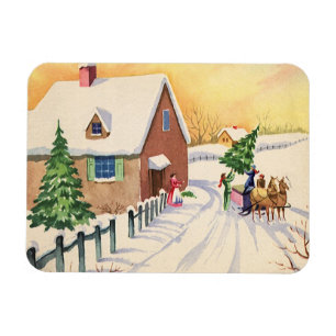 Vintage Christmas Tree on a Snowy Winter Road Magnet