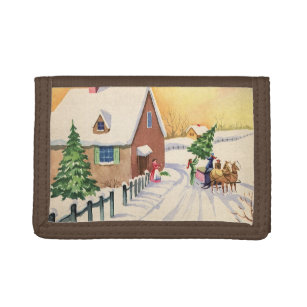 Vintage Christmas Tree on a Snowy Winter Road Trifold Wallet