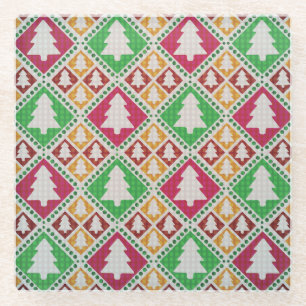 Vintage Christmas Tree Pattern. Glass Coaster