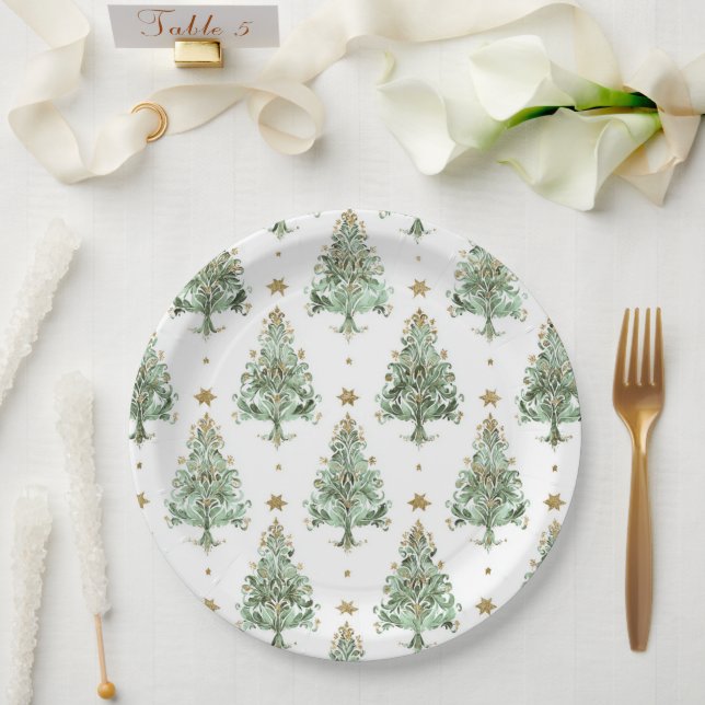 Vintage Christmas Tree Pattern Holiday Paper Plate (Wedding)