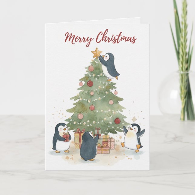 Vintage Christmas Tree Penguins Card (Front)