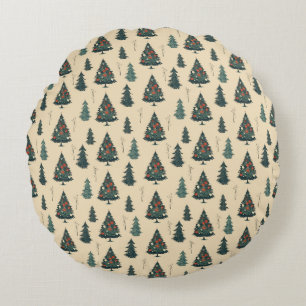Vintage Christmas Tree, Pine Tree Pattern. Round Cushion