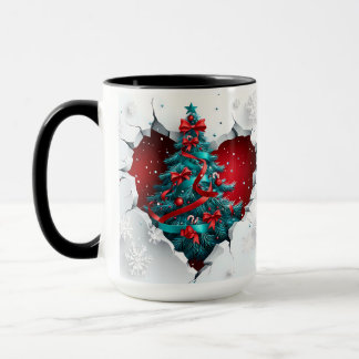 Vintage Christmas Tree, Red/Teal - Black Handle Mug