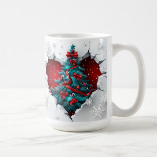 Vintage Christmas Tree, Red/Teal - White Handle Coffee Mug