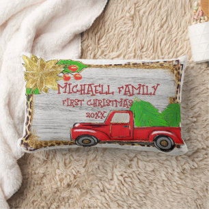 Vintage Christmas Tree Red Truck Pillow, Retro Lumbar Cushion