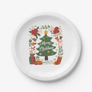 Vintage Christmas Tree Santa Hat 80s 90s Merry Chr Paper Plate