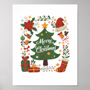 Vintage Christmas Tree Santa Hat 80s 90s Merry Chr Poster