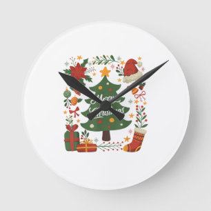 Vintage Christmas Tree Santa Hat 80s 90s Merry Chr Round Clock