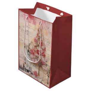 Vintage Christmas Tree Shrouded in Pinks and Reds Medium Gift Bag