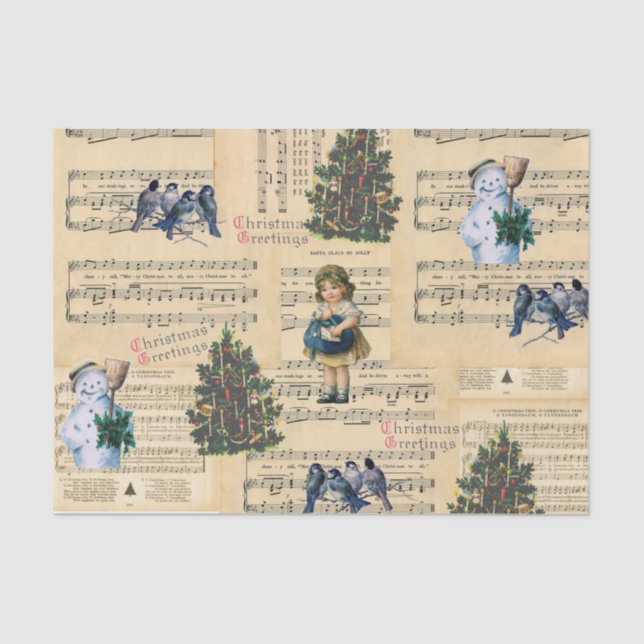 Vintage Christmas Tree Snowman Music Tissue Paper (Front)