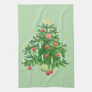 Vintage Christmas Tree with a Star Pale Green Tea Towel