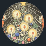 Vintage Christmas, Tree with Candles and a Star Classic Round Sticker<br><div class="desc">Vintage illustration Victorian Era Merry Christmas holiday design featuring a decorated Christmas tree with burning candles,  a shining star,  ornaments and stockings.</div>