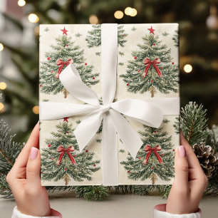 Vintage Christmas Tree with Red Bow Minimalist  Wrapping Paper