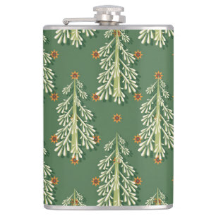 Vintage Christmas Trees Illustration Pattern Hip Flask