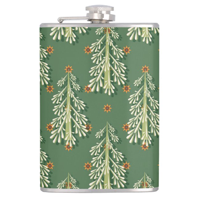 Vintage Christmas Trees Illustration Pattern Hip Flask (Front)