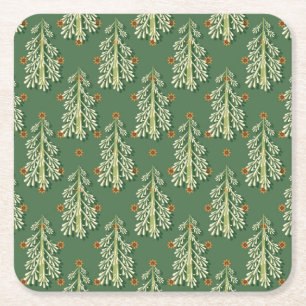 Vintage Christmas Trees Illustration Pattern Square Paper Coaster
