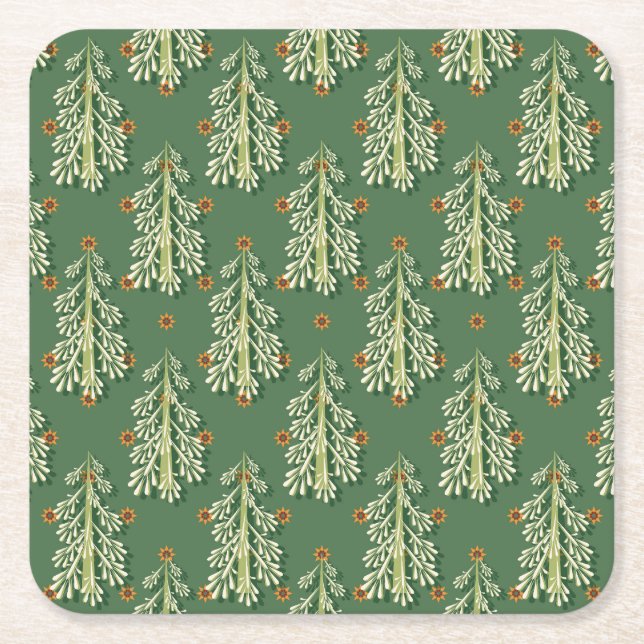 Vintage Christmas Trees Illustration Pattern Square Paper Coaster (Front)