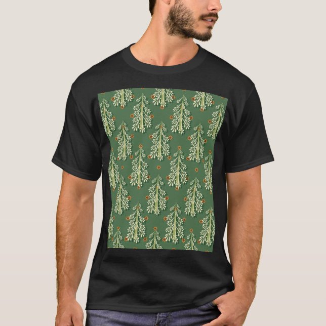 Vintage Christmas Trees Illustration Pattern T-Shirt (Front)