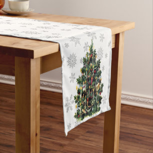 Vintage Christmas Trees with Snowflakes on White  Short Table Runner